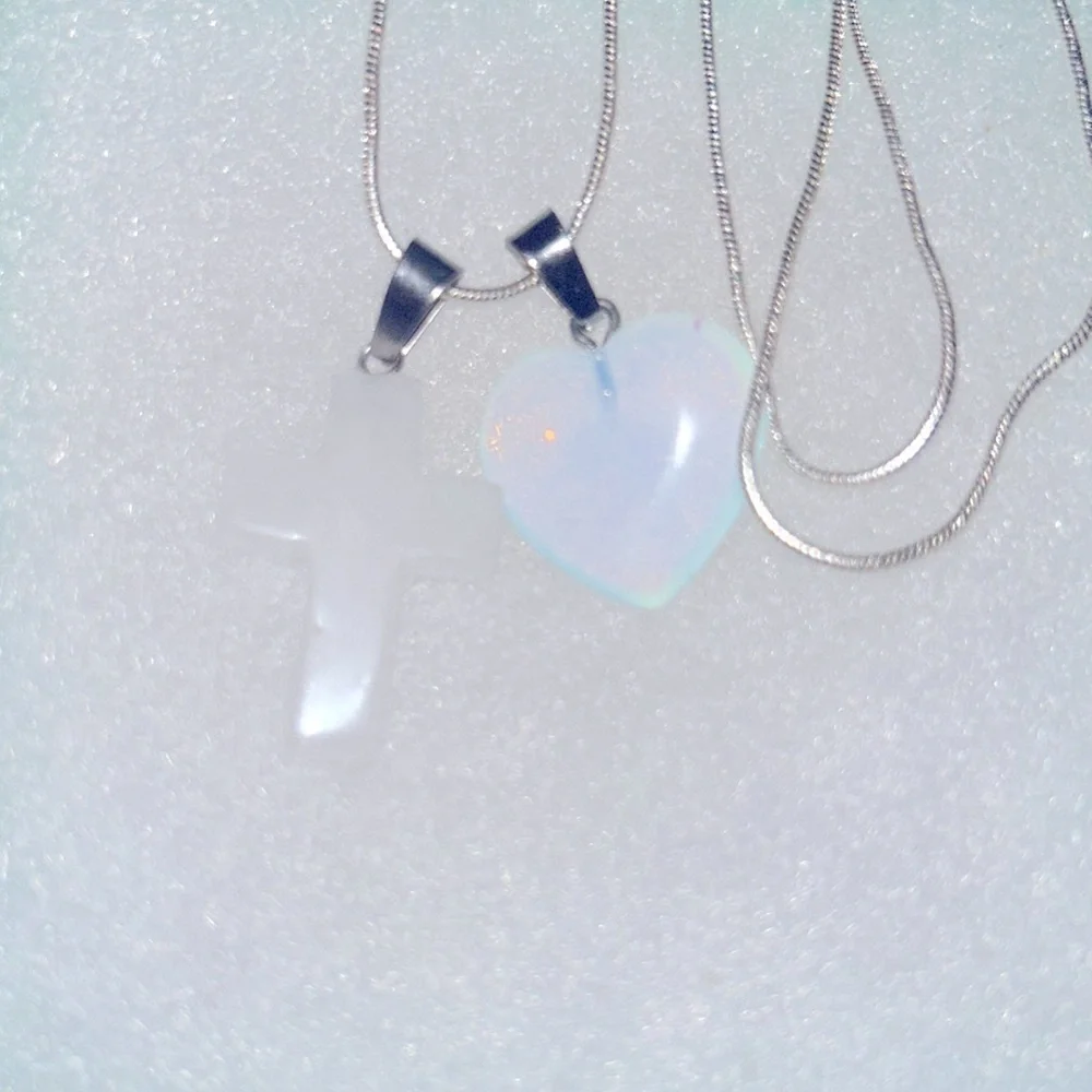Boho hippie Quartz Crystal Cross and Opal heart Sterling Silver 16” Nec…